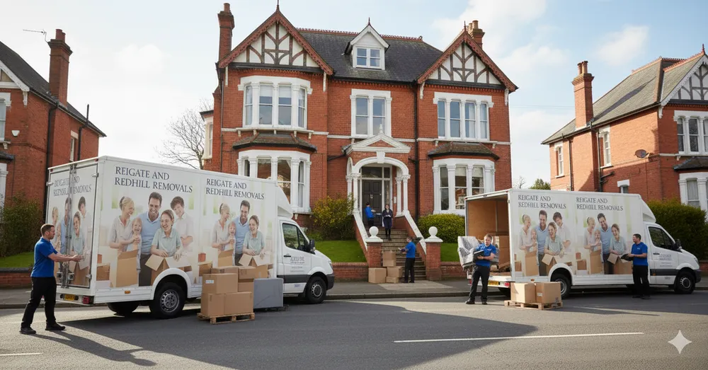 Two removals vans with five staff outside a period property